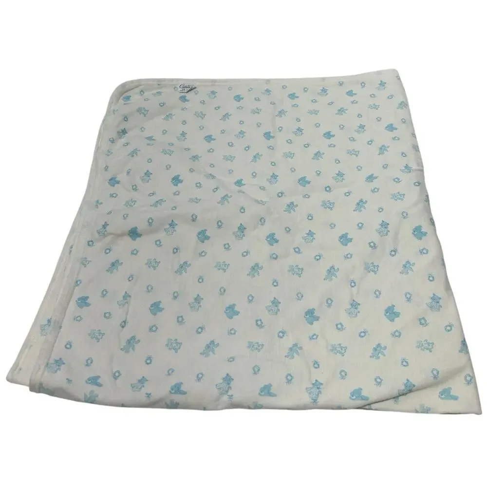 Vintage Carters Cotton Baby Blanket Blue White Wreaths Bunnies Dogs Cats